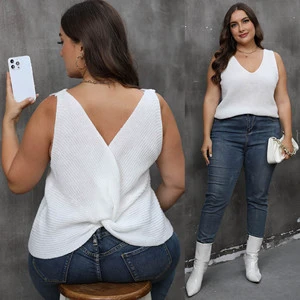 Factory Fall and Winter Sleeveless V Neck Knit Twist Back Symmetric Crisscross Tops tank Knitwear Blouse Vest Plus Size Sweater