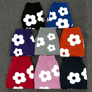 Trendy Casual Brand Collection Men's Unique Denim Letter Pattern Shorts Set Mid Waist 100% Cotton Drawstring Puff Anti-Wrinkle