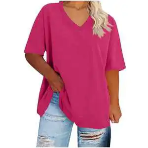 2026 Summer New European and American Style Women's Plus Size T-shirt Loose Solid Color V-neck Casual Short Sleeved T-shirt Top
