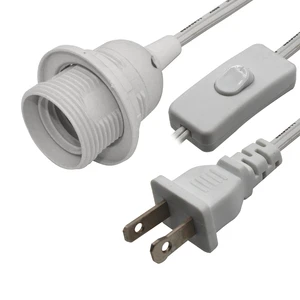 Vintage E27 Lamp Socket with US Plug On/Off Switch, White Pendant Lighting Cord Set E26 Screw Socket with 2 Rings 110v Plug