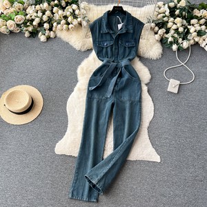 Sleeveless Casual Denim Long Jumpsuits Summer High Waist Vintage Jump Suits Ladies Retro Overalls One Piece Wholesale