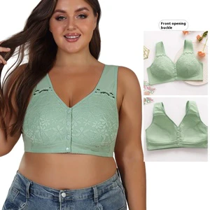 Women's Plus Size Summer Bra Cross-Border New Soft Cotton Thin Cup Front Buckle Lace Wireless Vest Style Solid for Middle-Aged
