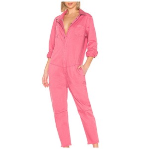 Factory Wholesale Women's Denim Utility Jumpsuit With High Waist Breathable Frayed Hem Casual Jumpsuit