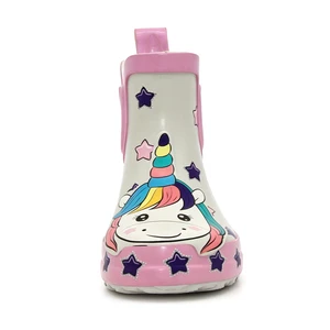 Custom Pattern Available Girls Slip On Rubber Rain Boots Integrated Rear Pull Tab Waterproof Toddler Ankle Wellies