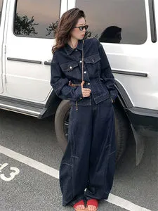 Trendy Women's Autumn Denim Set Breathable Washable Vintage Streetwear 2 Piece Outfit High Waisted Loose Solid Color