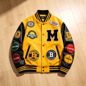 OEM Retro 90s Hip Hop Multi-Patch Varsity Bomber Jacket Streetwear Wool Body Leather Sleeve Logo Embroidered Letterman Jacket