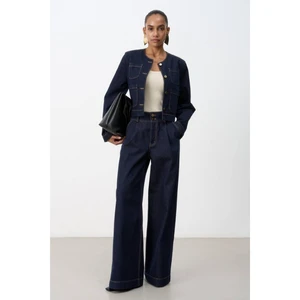 Women's Denim Two-Piece Set In Dark Wash Elegant Jean Suit With Long Sleeve Top And Wide-Leg Pants For Modern Office Style