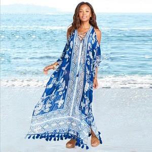 Cover-ups 2024 Kaftan Beach Print Swimsuit Cover up Plus Size Beach Dress Swim Wear Bathing Suit Cover up Pareos Robe