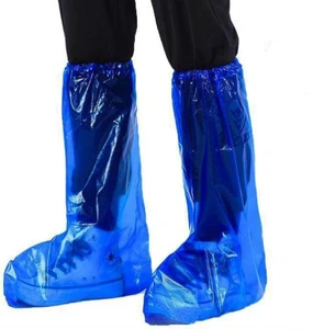 Disposable Unisex Ankle Bootie Blue Thickened Plastic Waterproof Safety Shoe Covers Long Wear-Resistant Tube Pull-On Closure