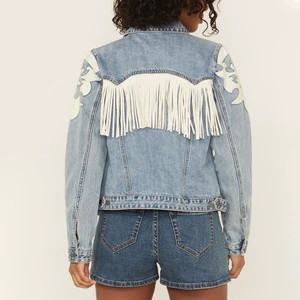 LARSUR Custom Factory Denim Jacket with Suede Fringe Tassel Distress Wash Button up Long Sleeves Jean Jacket for Women