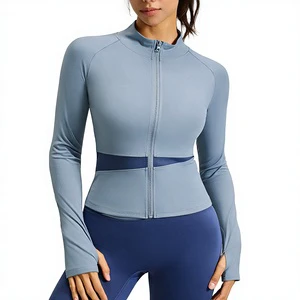 Color Block Sportswear Yoga Jacket High Neck Slim Fit Barely There Fitness Top Quick Dry Spandex/Polyester Plus Size for Women