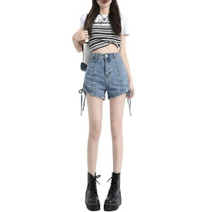 Women's High Waisted Denim Shorts with Side Drawstring, Slim Fit Casual Streetwear Summer Short Jeans