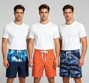 Value 3 Pack Men's Swim Trunks, Quick Dry Printed Beach Shorts with Drawstring & Pockets, Affordable Summer Boardshorts