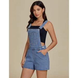 2025 Women's Summer High Jean Shorts Baggy Adjustable Straps Bib Stretchy Denim Overall Jumpsuits Pockets