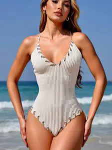 Women Ribbed One Piece Swimsuit, Deep V Lace up Hollow Out Tied High Cut Bathing Suit
