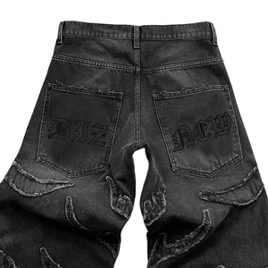 High-quality Black Stone-washed Straight-leg Biker Denim Jeans For Men, Custom Tailored Ripped Jeans Belt Hip-hop Style