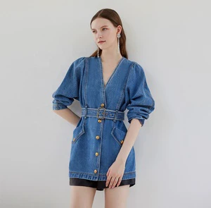 Custom Women Denim Dress Suit Buckle Belt Ladies Denim Coat Long Sleeve Blue Jeans Jackets