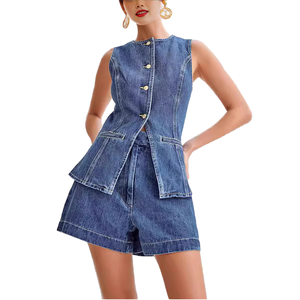 Women's Elegant Vintage Summer Outfits Two-Piece Denim Jean Vest and Short Suit with Button Decoration