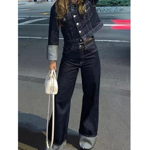 Women Fashion Denim Set Casual Lapel Long Sleeve Crop Jacket Buttons Female Vintage Wide Leg Loose Jeans Long Pants 2026 3560