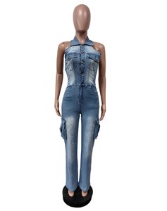 Blue Denim Fashion Straight Pants One Piece Denim Jumpsuit Women Washed Halter Pocket Female Cowboy Overalls