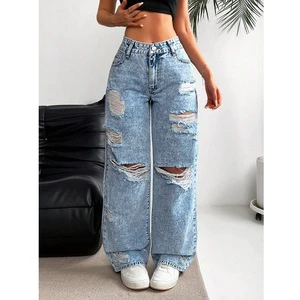 Custom Logo Acid Washed Women Distressed Holes Denim Jeans Ladies High Waist Wide Leg Pants