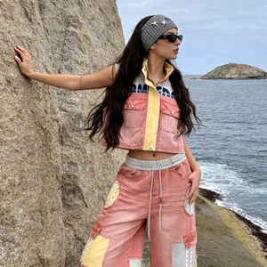 8049/Vintage Washed Pink Contrast Panel Cropped Vest With Matching Patchwork Pants Casual Daily Street Fashion Set