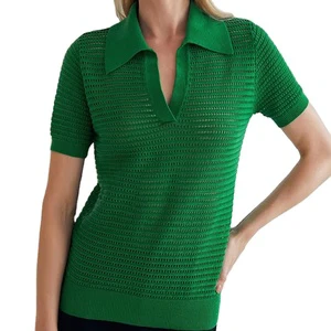 Customized Ladies Summer Casual Knit Sweater Hollow V-neck Sweater Lapel Knitwear Top