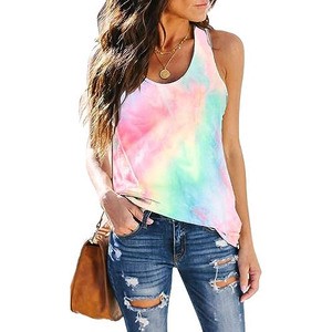 Women's Sexy Tie Dye Tank Top Hot Girl Ribbed Sleeveless Vest Plus Size Short Crop Tops Silk Screen Printing