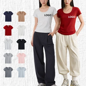 2026 Summer U-neck Slimming Fashion Crop Top Women T-shirts Custom Logo Printing High Quality Casual Cotton Ladies T Shirt