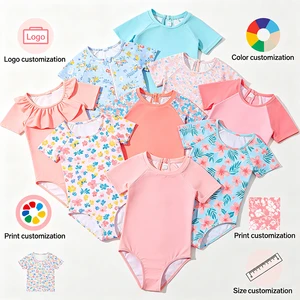 Toddler Girls Short Sleeve One Piece Swimsuit Custom Floral Print Logo Color Size Kids Beach Surf Bathing Suit