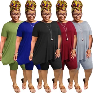 Amazon Hot Sale Women Plus Size Clothing Summer Solid Color 5XL Casual 2 Piece Shorts Set