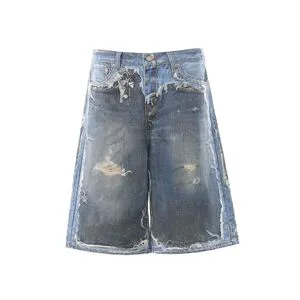 High Street American Unisex Sophisticated Washed Print Shorts Men's Loose Cropped Mid Waist Denim Casual Hip Hop Breathable Pant