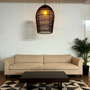 Antique Bamboo Lamp with E27 Bulb Creative Round Chandelier Minimalist Wooden Rattan Lampshade Vintage Transparent Decoration