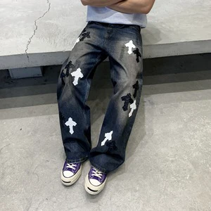 American-style Vintage Distressed Denim Loose Fit Low Waist Straight-leg Cross-embroidered Designer Men's Long Trousers