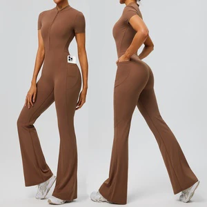 Short Sleeves Half-Zip Flare Pants Fitness Gym Bodysuit Ladies Side Pockets Pilates Yoga Jumpsuit & Workout Romper