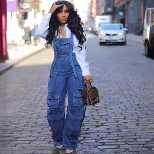 Fashion Denim Jumpsuits Women Wide Leg Overalls Loose Strap Jumpsuit Women