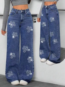 European Women's Fashion Denim Jeans 2026 New Solid Mid Waist Button Summer Eco-Friendly Loose Wide Leg Pants