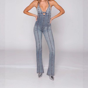 Women's Denim Jumpsuits High Waist Skinny Fit for Wash Polyester/Cotton Overalls Long Pants