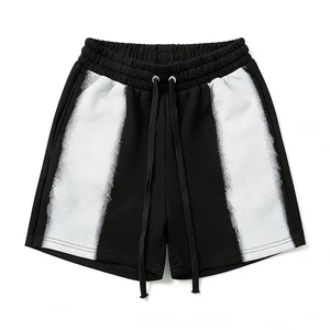 Unisex Black & White Spray Paint Stripe Shorts - Double Drawstring Elastic Waist, Oversized Casual Streetwear Bottoms
