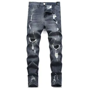 Factory Direct Men's Slim Jeans New Washed Fashion American High Street Style Breathable Solid Pattern for All Seasons