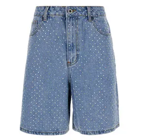 Custom Manufacture Denim Vintage Women's Denim Shorts Light Stone Wash Streetwear Loose Straight Women's Rhinestone Denim Shorts