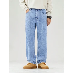 Men's New Light Blue Medium Wash Denim Boyfriend Jeans Relaxed-Fit Mid-Waisted Wide-Leg Comfortable Daily Leisure Party Bottoms