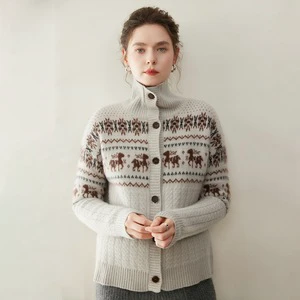 Winter Women's Cashmere Cardigan Wholesale Factory Jacquard Wool Blend Knit Coat Zipper Thick High Neck Cashmere Sweater Top
