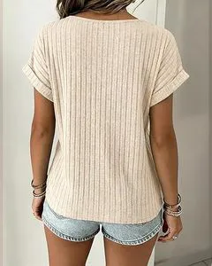 Minimalist CasualTop Regular Thin Solid Breathable Vintage Knitted Short-sleeved Polyester T-shirt Skirt Casual Top