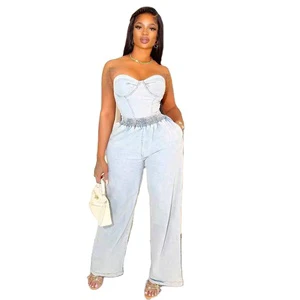 2025 New Arrivals Women's Denim Sets-fashion Stretch Denim Two Piece Suit Stretch Crop Top With Long Pants Denim Sets for Women
