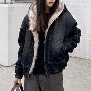 AIMEIS Retro Distressed Plump Lining Denim Jacket Hooded Casual Women's Winter Coat