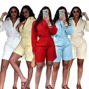 Summer Fashion Turn-Down Collar Solid Color Casual Short Suit with Straight-leg Pants Long Sleeve Shirt Set