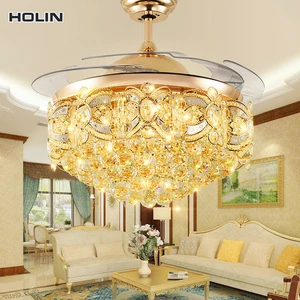 Luxury Golden LED Chandelier Lighting Remote Control Fancy Pendant Lamp Home Hotel Modern Crystal Ceiling Fan With Light