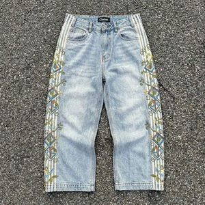 Men's Modern Bottoms Designer Geometric Vine Embroidery Denim Pants High Quality Blue Loose Winter Washed Utility Custom