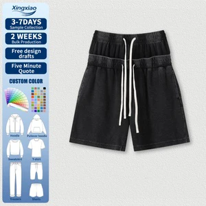 Men's West Coast Streetwear Double Waistband Drawstring Breathable Denim Shorts Stone Wash Baggy Distressed Vintage for Summer
